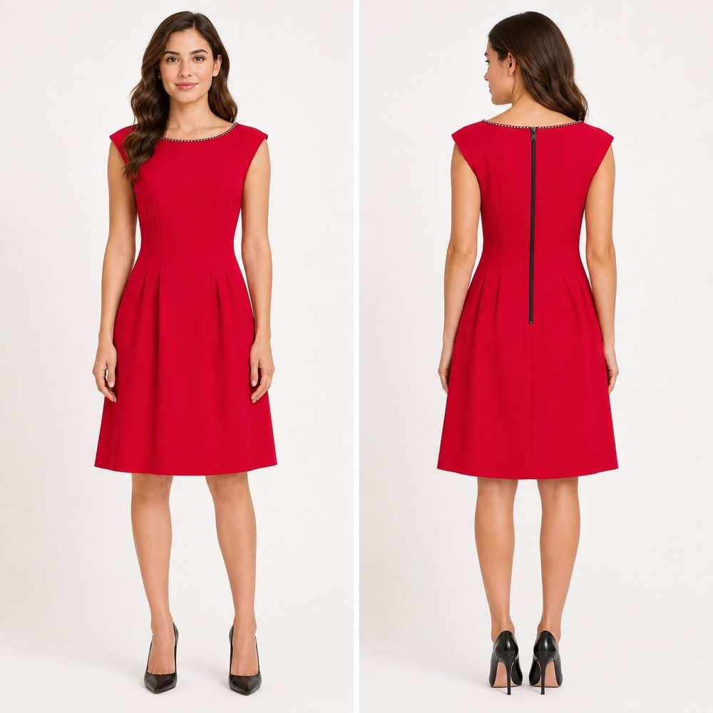 Vince Camuto Red Rhinestone Neck Fit & Flare Dress Size 6 Formal Party Cocktail